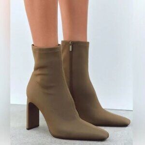 Zara Brown Tan Fabric High Heeled Ankle Boots - Sock Boot Style - Size EU 37